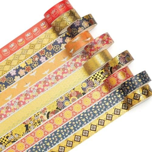 Songdao 10 Rolls Sakura Washi Tape Set Japanese Arts Adhesive Tapes Gold Silver Foil Decorative Masking Tape Sets for Craft Kids Scrapbook DIY Gift Wrapping Golden Kimono