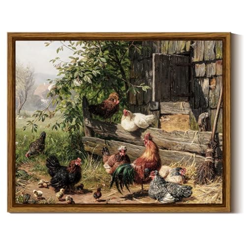 InSimSea Framed Canvas Wall Art - Funny Running Chicken & Chicken Coop - Rustic Farmhouse Painting - Country Wall Prints - Bedroom & Living Room - 8x10in