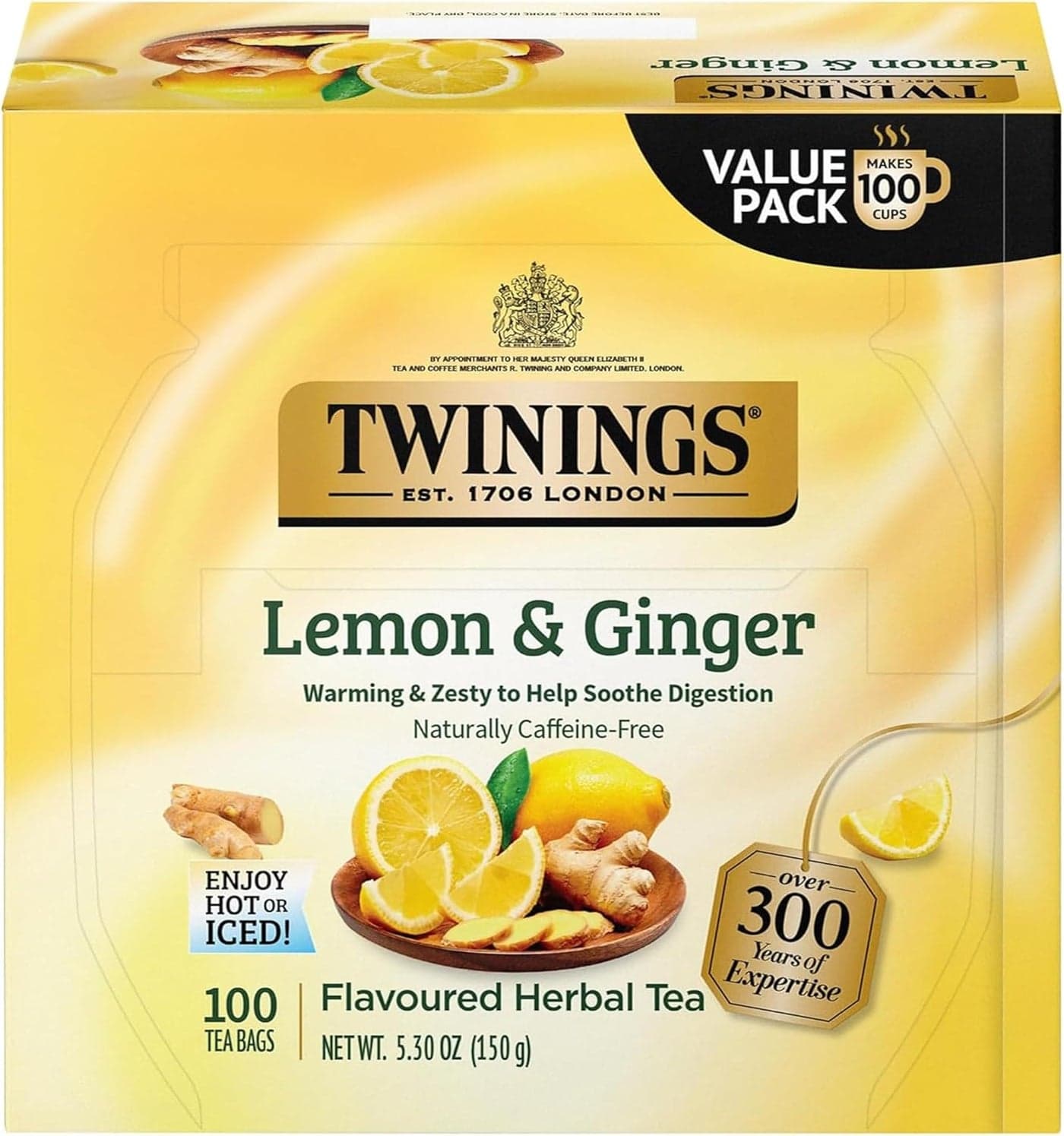 Twinings Lemon & Ginger Herbal Tea - 100 Individually Wrapped Teabags, Naturally Caffeine-Free