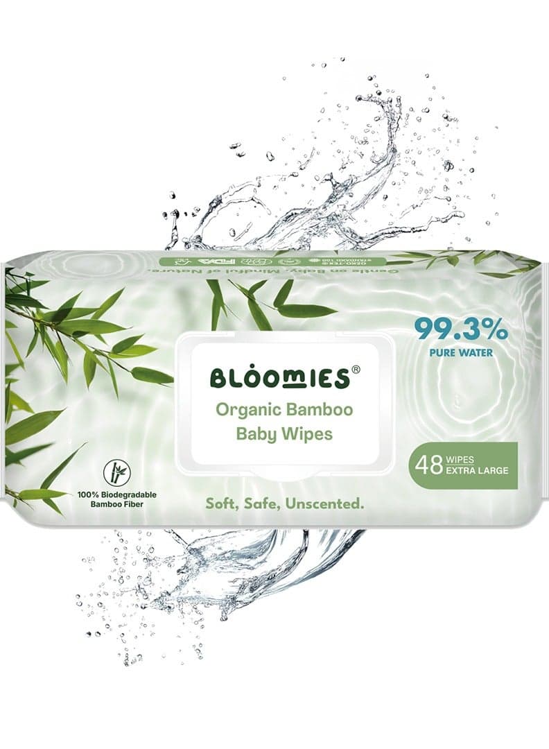 Organic Bamboo Baby Wet Wipes, 99.3% Pure Water Wipes, Unscented, Extra Large, Eco-friendly, Soft, 100% Biodegradable Bamboo Fiber, Pack of 48 Wipes