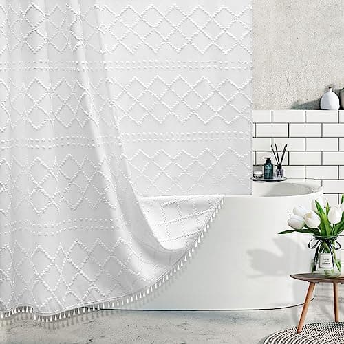Extra Long White Textured Woven Fabric Boho Shower Curtain with Tassels 72 x 78 Modern Farmhouse Minimalist Tufted Chevron Striped Shabby Chic Water Resistant Cloth Curtain for Bathroom Hotel Decor
