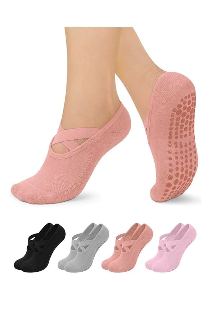 4 Pairs Pilates Socks for Women - Non Slip Grip Socks for Yoga, Barre, Hospital, Barefoot