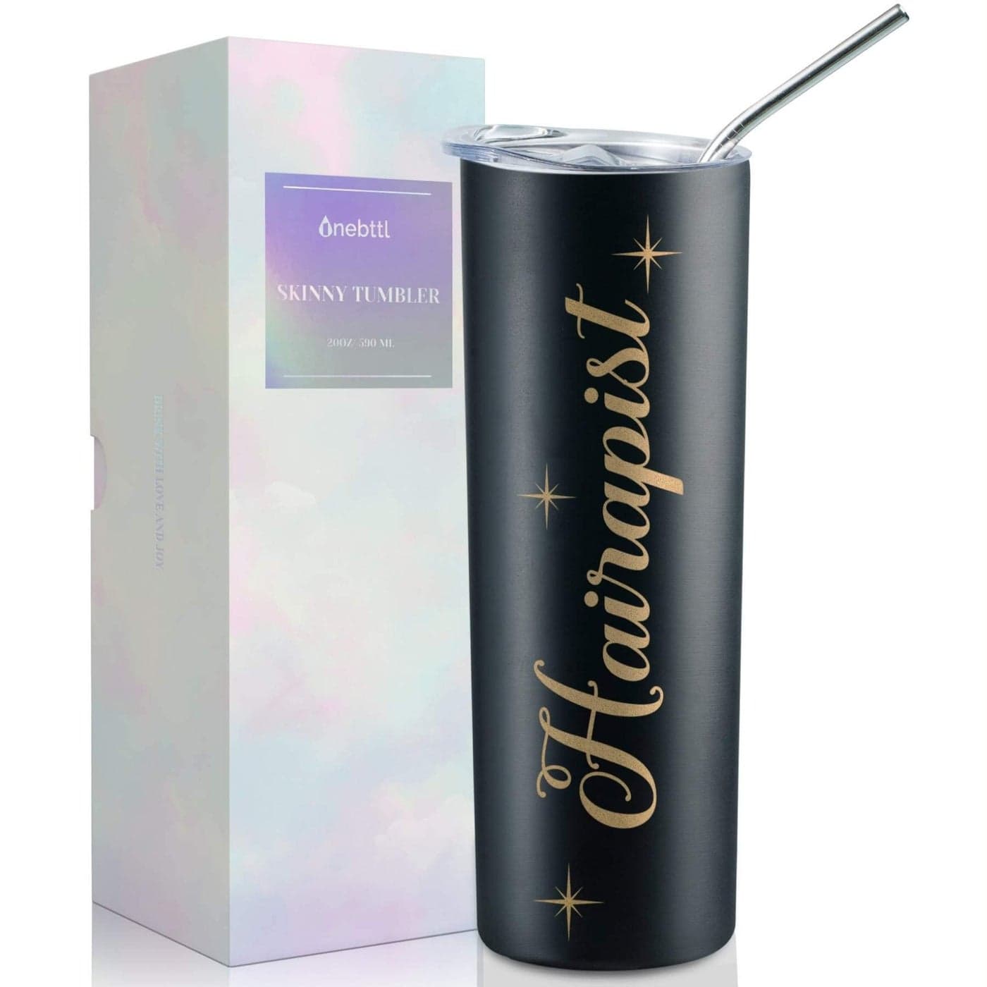 Onebttl Hair Stylist Gifts For Women Female Her Hairapist Love is in the Hair 20oz590ml Stainless Steel Insulated Tumbler with Straw Lid Message CardBlack
