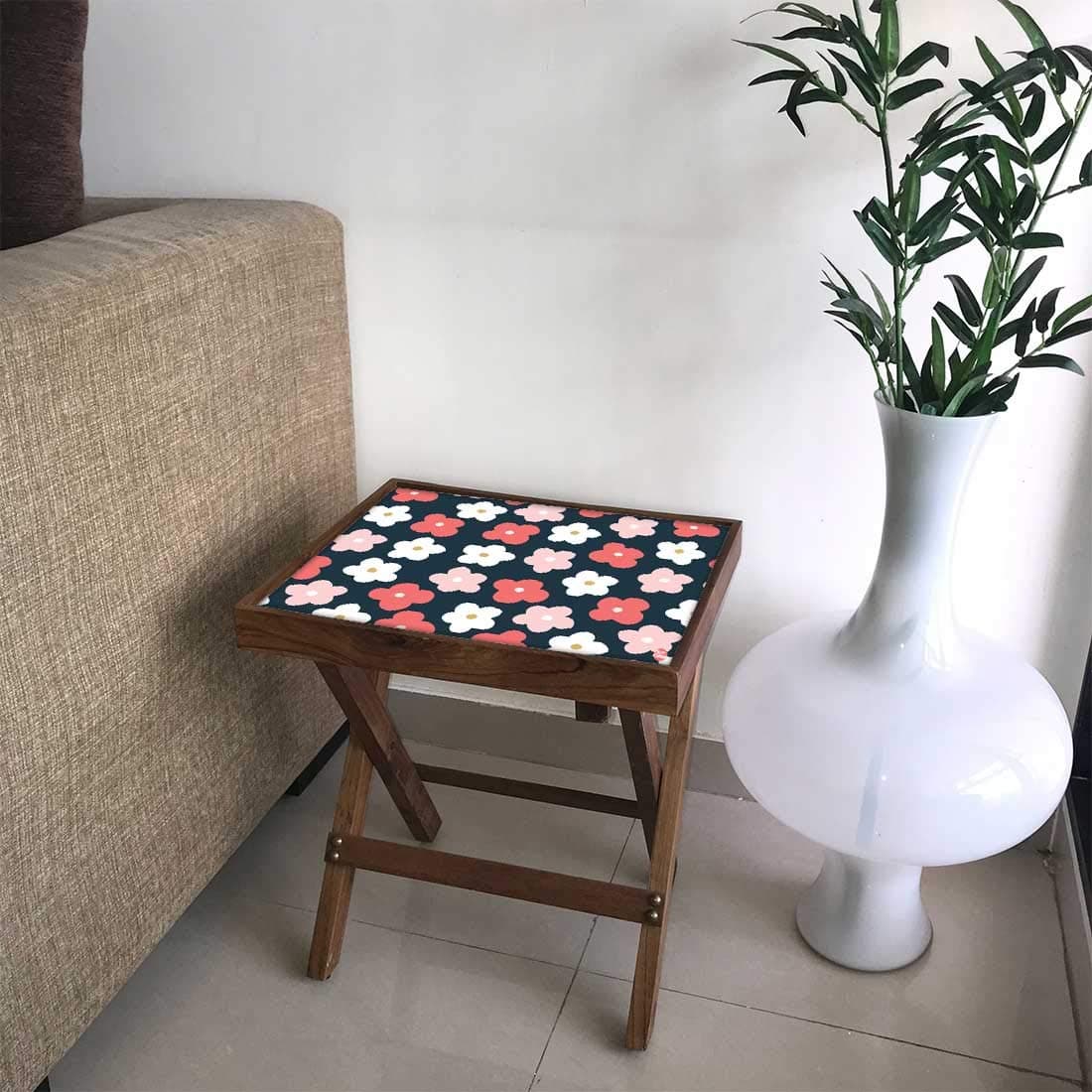 Nutcase Designer Teak Wood Side Table Folding Wooden Bedside Coffee Outdoor Picnic Table Cute Flower Pink and White