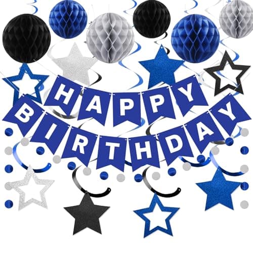 meowtastic Birthday Decorations Happy Birthday Banner with Honeycomb Balls Star Hanging Swirl Streamer Circle Dot Garland Happy Birthday Party Decorations for Women Men Boys Girls Blue Silver