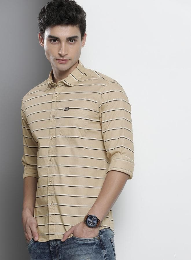 Men Beige Striped Casual Shirt