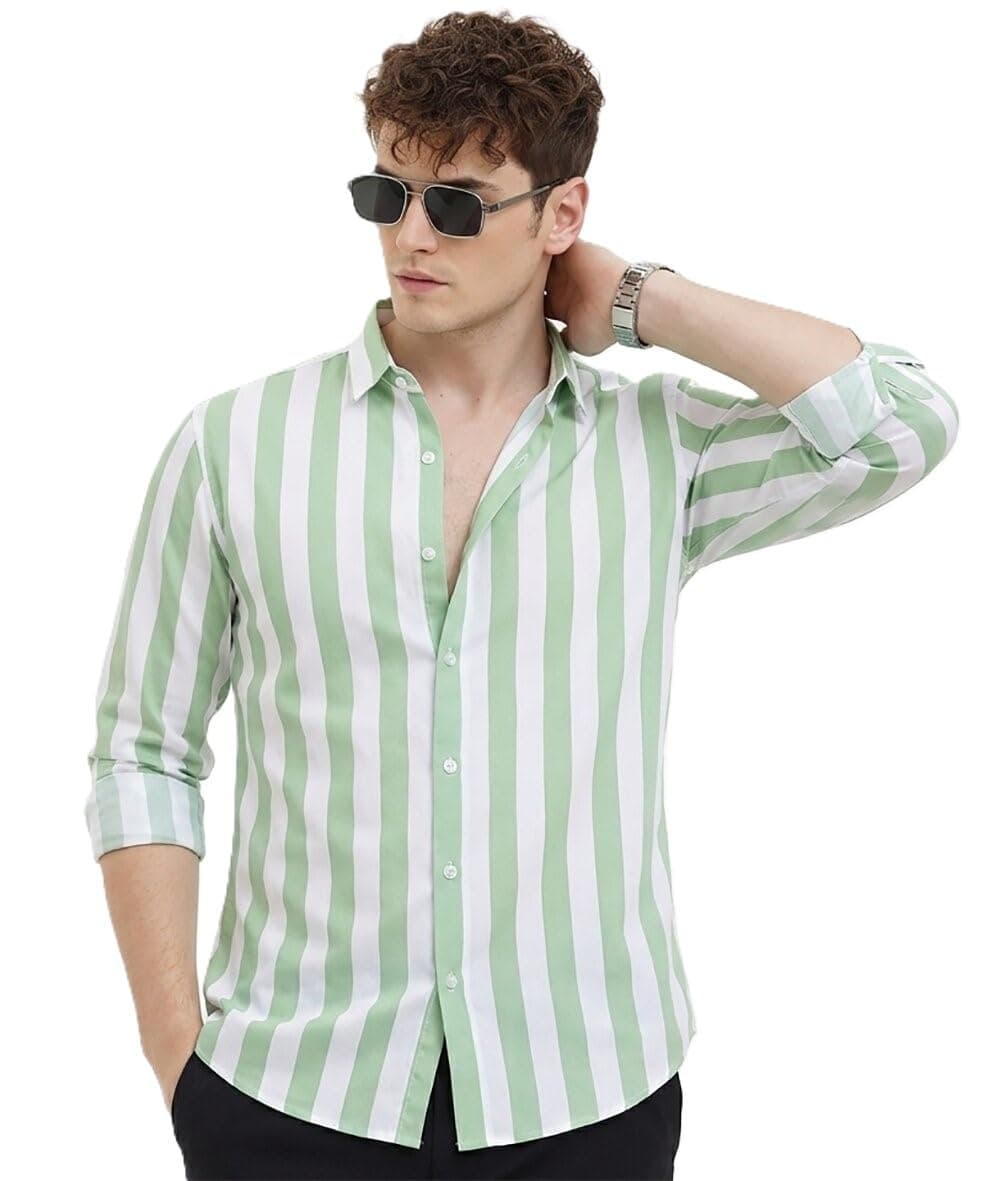 U TURN Men's Printed Striped and Checkered Casual Plus Size Shirt for Men (Light Green; Medium)