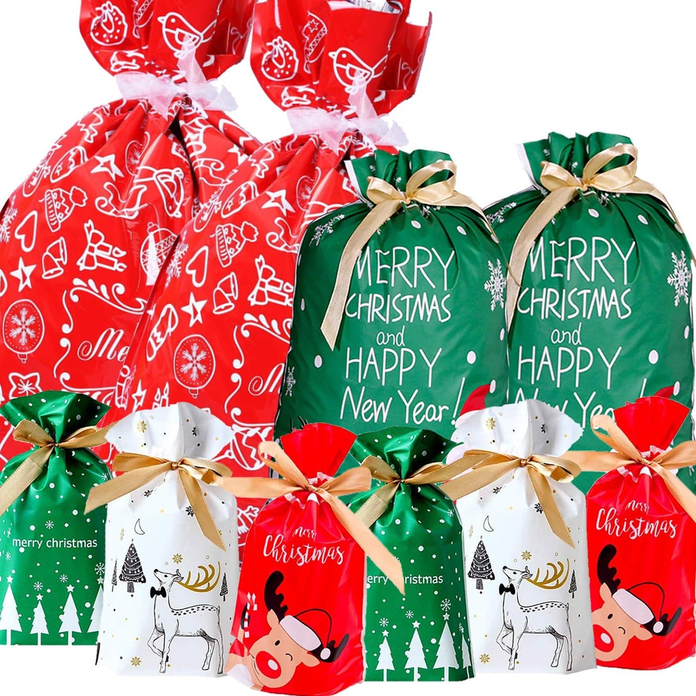 Funnlot Christmas Drawstring Gift Bags 32 PCS in 7 Styles with Ribbon Ties for Candy Treats and Party Favors