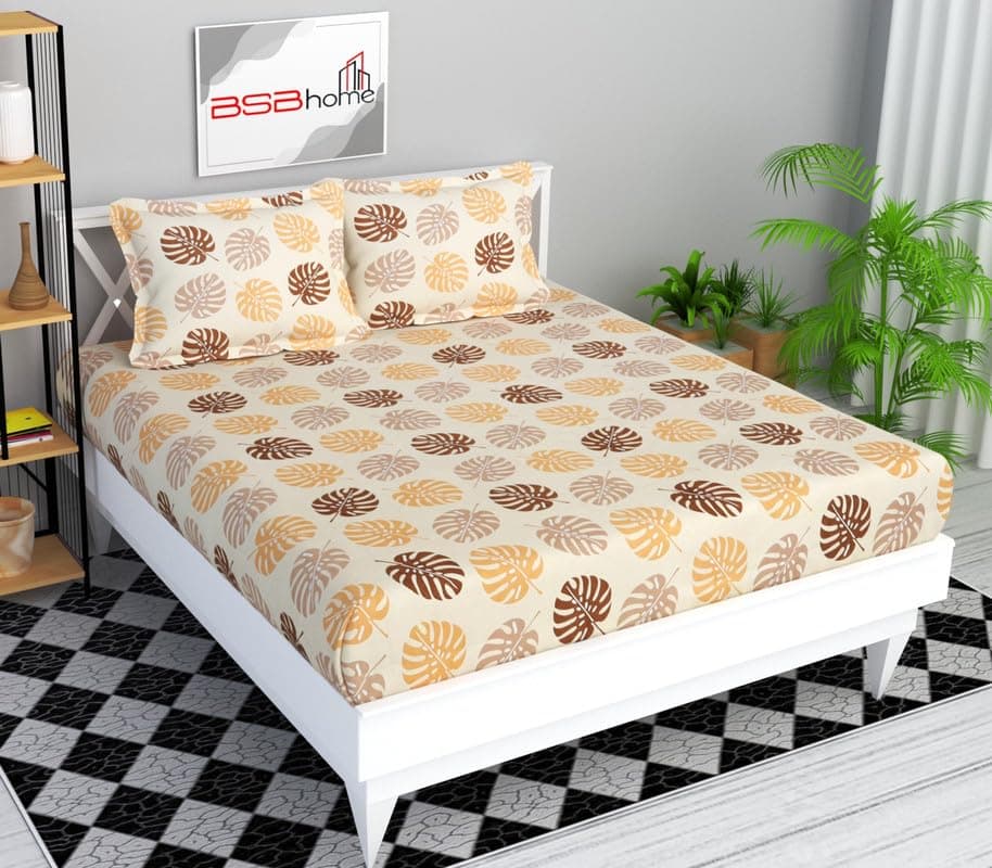BSB HOME Premium Cotton Flat Double Bedsheets with 2 King Size Pillow Covers | Double Bed Breathable | Wrinklefree | Ultrasoft 200 TC Supersoft | 90x90 Inches| Beige Brown Leaf Print