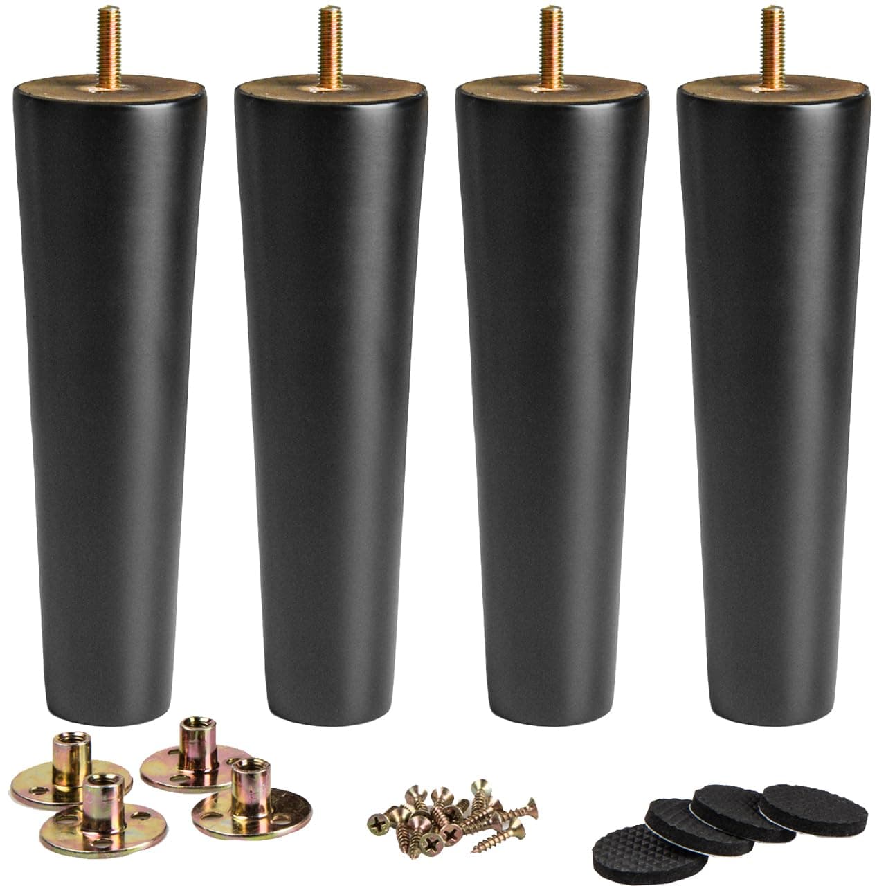 La Vane 4 inch 10cm Wooden Furniture Legs Set of 4 Black Solid Wood Tapered M8 Furniture Replacement Feet with PreDrilled 516 Inch Bolt Mounting Plate Screws for Sofa Chair Couch Ottoman