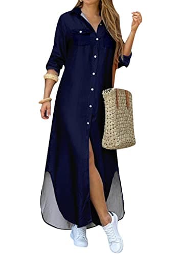 DIACACY Lady's Floral Print Loose Fit Long Dress for Women Casual Button Up Long Sleeve Blouse Dress Navy Blue XL