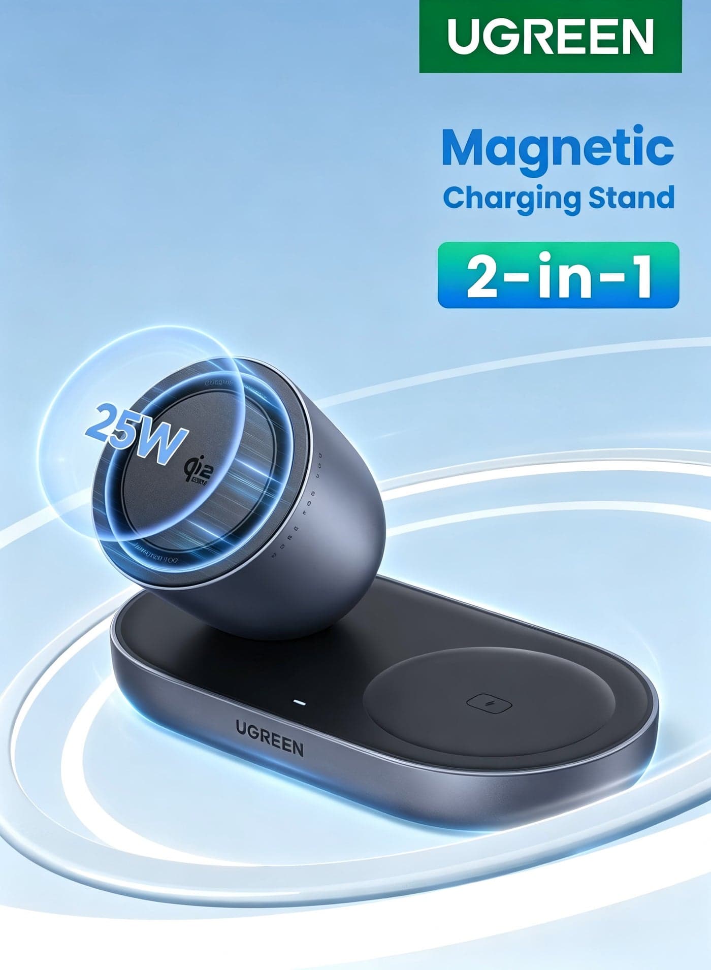 UGREEN Qi2 25W 2-in-1 Magsafe Wireless Charger Stand, Magnetic Fast Charging Station, Compatible for iPhone 17 16 15 14 13 12 Series, AirPods, for Home and Office Desk Use With 1M USB-C Cable 2 IN 1 25W