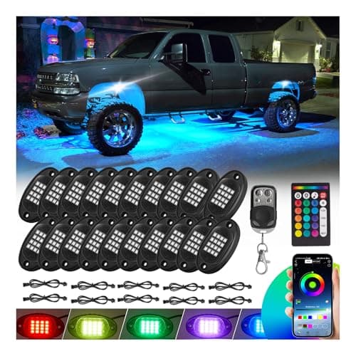 20 Pods RGB LED Rock Lights for Semi Trucks Offroad Pickup Trailer Sedan Boat 12V Waterproof Dual Zone APPRF Control Music Mode Brake Light Red Green Blue Underglow Neon Kit with Extension Wires