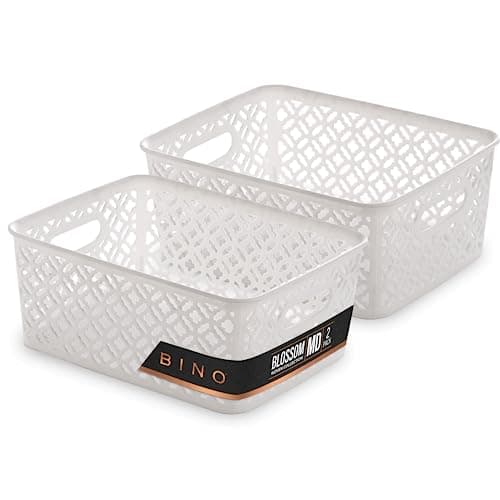 BINO l Plastic Storage Baskets, Medium - White | THE BLOSSOM COLLECTION l Multi-Use Organizer Bin l Built-in Handles l Plastic Woven Basket for Organizing l Pantry & Home Organizing Basket