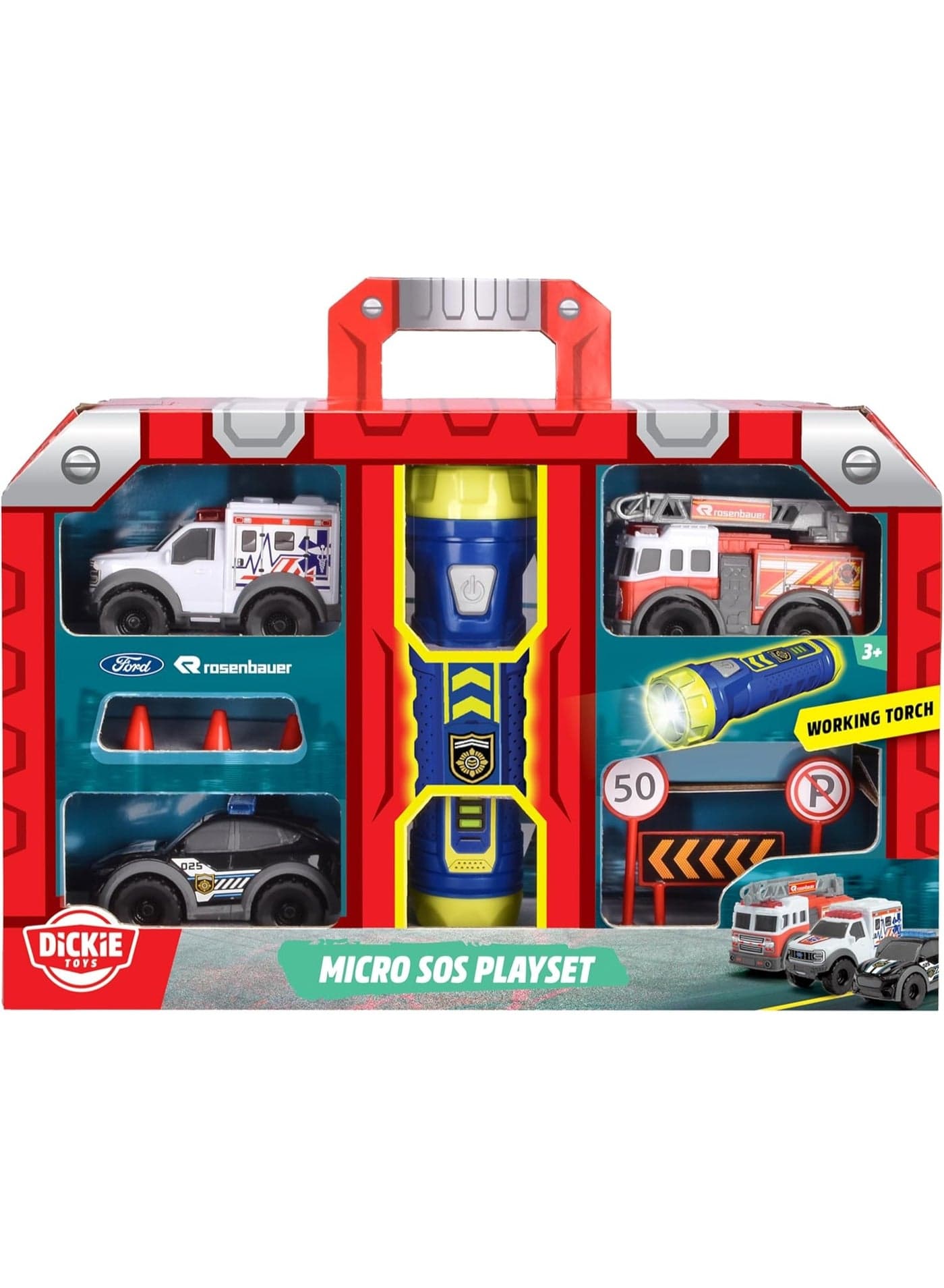 Dickie Toys - Micro SOS Toy Car Set - 3 Cars with Freewheel (Police Fire Brigade & Ambulance) Including Torch and Game Accessories, Car Toy for Children from 3 Years