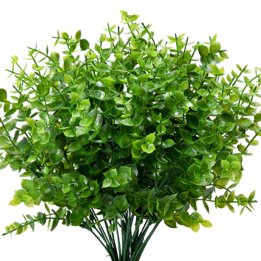 KLEMOO 24 Bundles Outdoor Artificial Boxwood Stems UV Resistant No Fade Greenery Plants for Garden Patio Porch Window Box Home Wedding Farmhouse Dcor