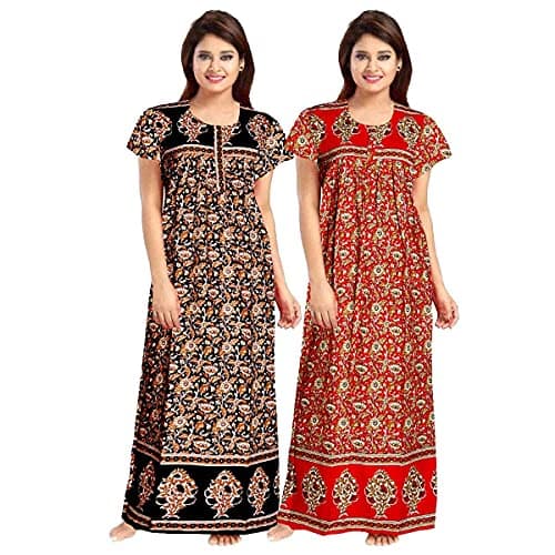 NEGLIGEE Nighty for Women's Cotton Printed Maxi Gown Ankle Length Night Dress - Free Size (Pack of 2) Multicolor
