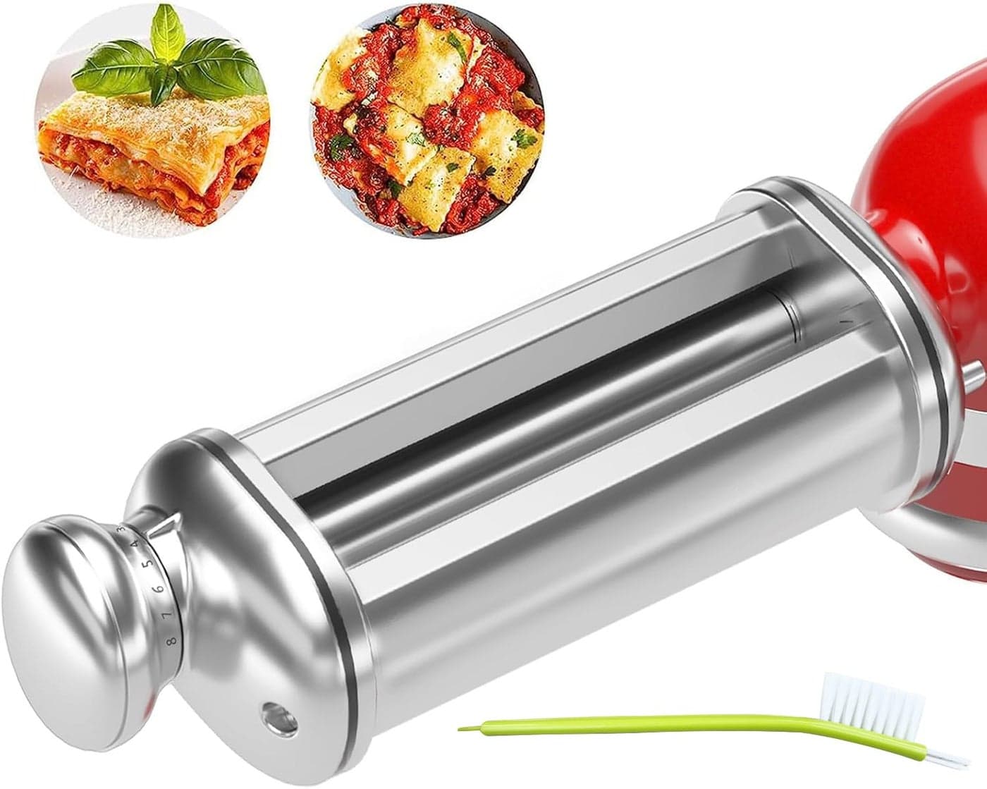 Pasta Roller for all KitchenAid Stand Mixer Stainless Steel Pasta Roller Kitchen Aid Attachment with 8 Adjustable Thickness Knob Dough Sheet Roller for Raviolis Pasta