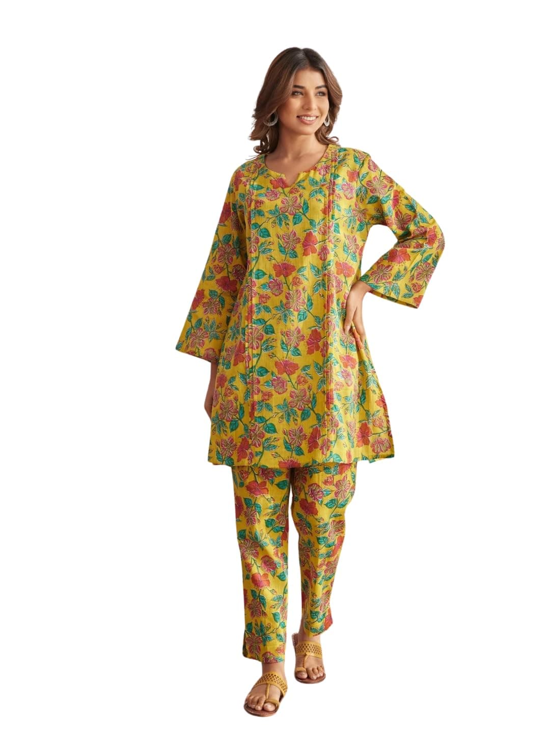 NAINVISH Women's Mustard Floral Printed A-line Cotton Blend V-Neck Co-ord Set (SD666_KB-M)