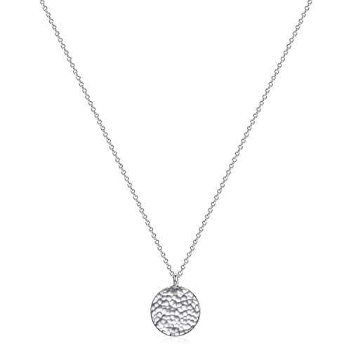 Fettero Pendant Necklace Sliver Hammered Coin Pendant Platinum Plated Dainty Simple Jewelry for Women