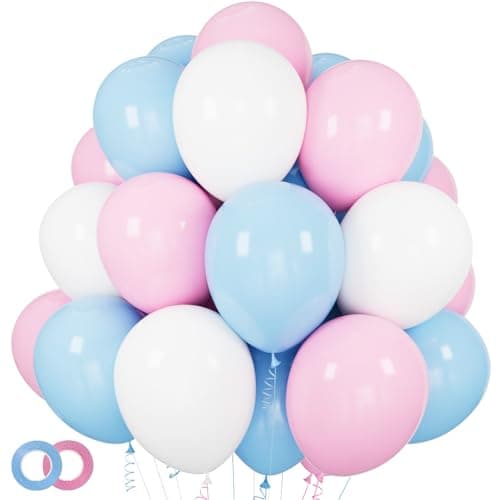 Pink and Blue Balloons 100 Pack 12 inch Pastel Pink Blue White Latex Party Balloons with 65ft Ribbon for Gender Reveal Baby Shower Birthday Bridal Shower Wedding Party Decorations Supplies