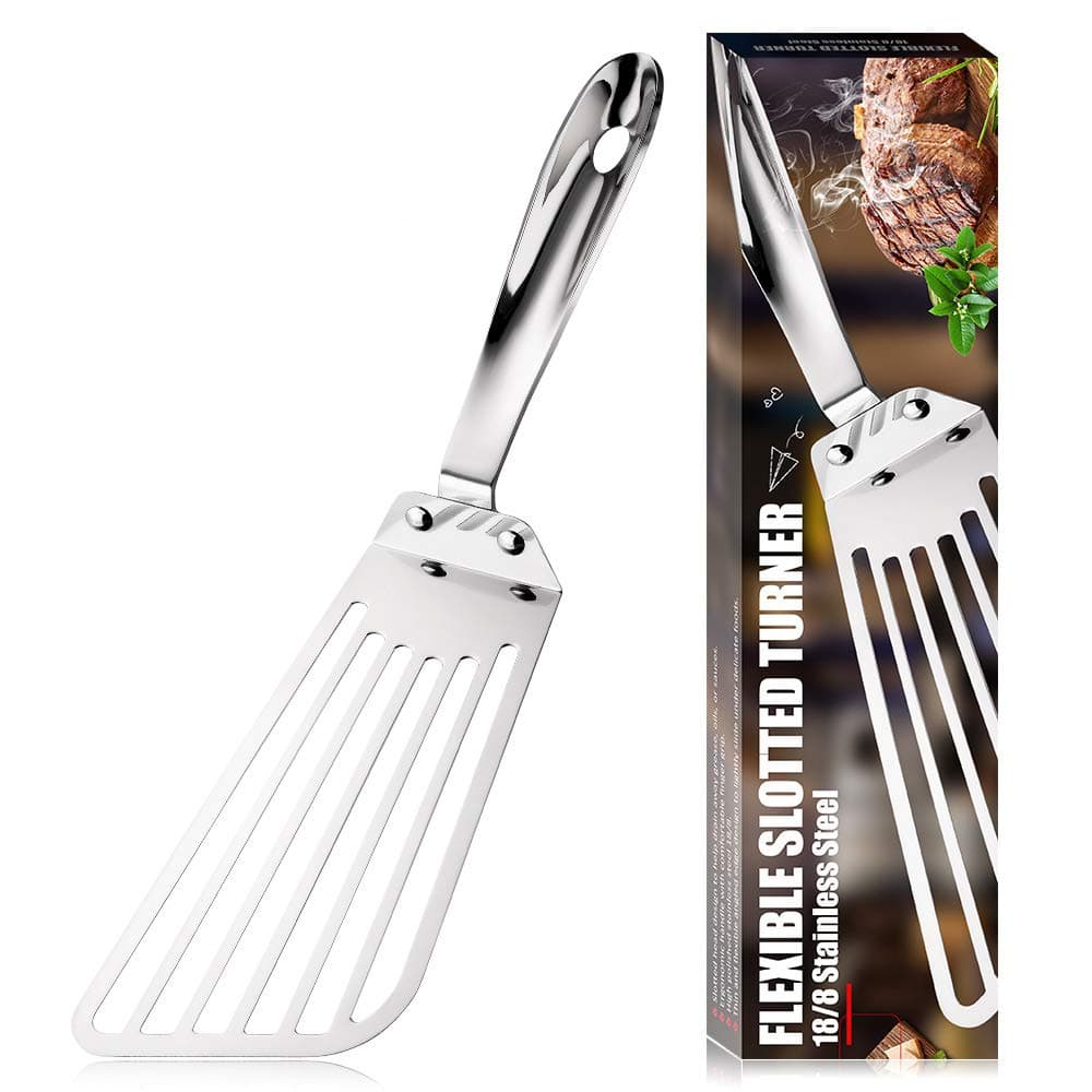 KSENDALO Metal Fish Spatula Stainless Steel Egg Turner Flipper for Fish Eggs Pancakes Flexible Thin but Sturdy Kitchen Utensil with Mirror Finish