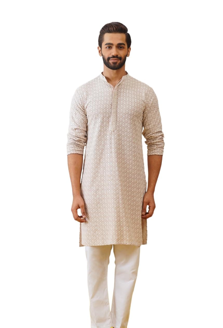 Jompers Men's Beige Sequin Embroidered Pure Cotton Kurta with Pyjamas (Beige, XL)