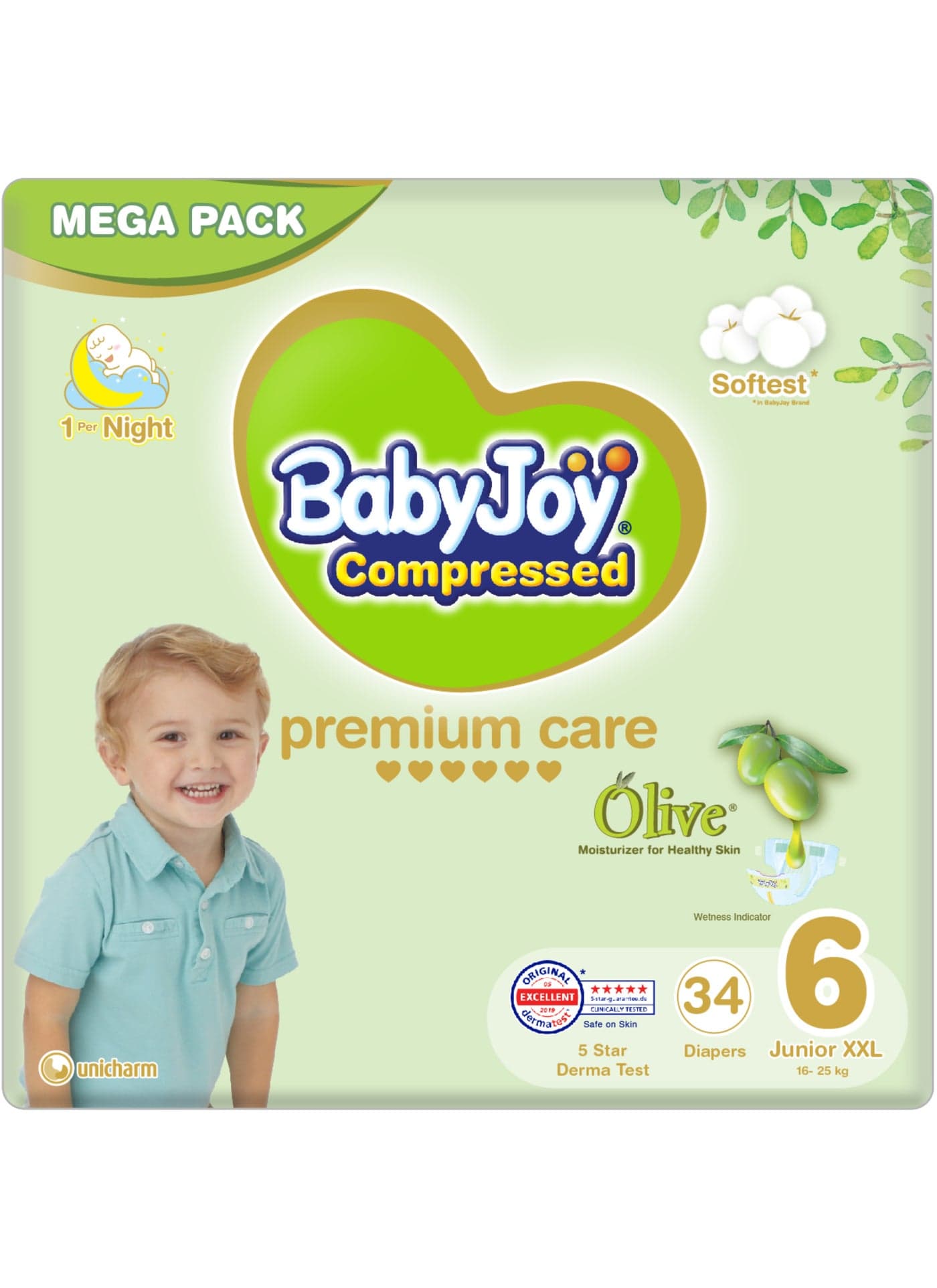 Olive Tape Diaper, Size 6, Junior XXL, 16-25 Kg, Mega Pack, 34 Diapers