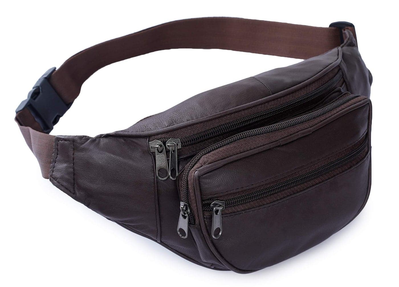 K London Genuine Leather Waist Bag for Men & Women | Brown Fanny Pack with Adjustable Belt | 4 Zipper Pockets Travel Pouch, Money Belt, Running Hiking Hip Bag
