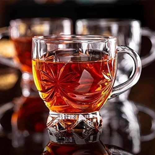 VILON Italian Premium Glass Tea Cup Set | Coffee Mugs with Handle Transparent Drinking Cup for Milk, Cappuccino, Hot Chocolate & Cold Beverages | 150ml| Set of 6 (Star Teacup 150ML 6)