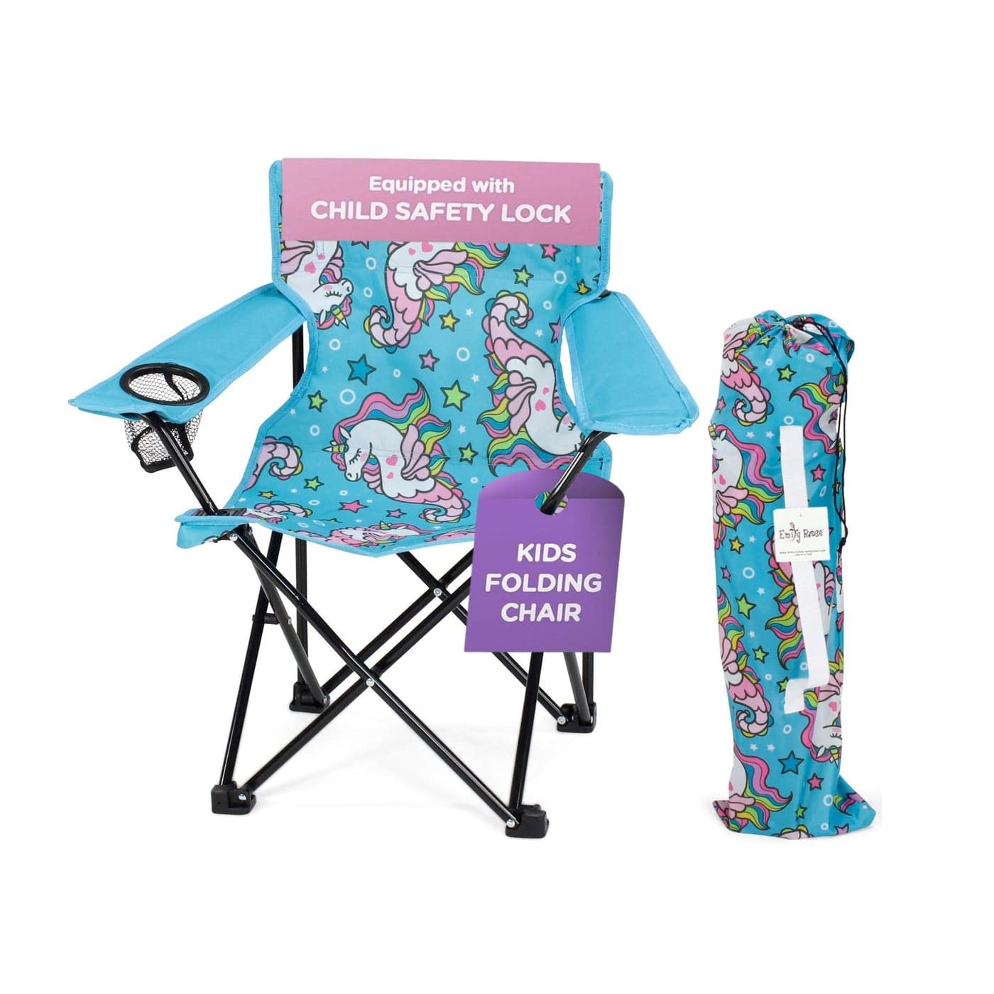 Emily Rose Kids Folding Beach Chair with Safety Lock Camping Camp Seat for Boys Girls Toddler with Cup Holder Carry Case Tailgate Travel Lawn for Indoor Outdoor Sea Unicorns
