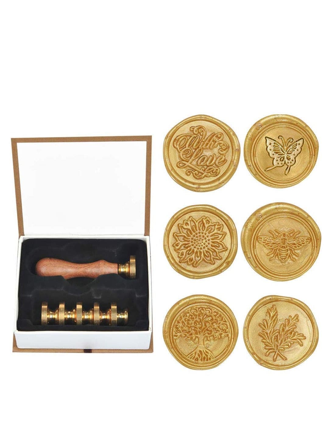 Wax Seal Stamp Set 6 Pieces Romantic Rose Heart Flower Sealing Wax Stamps Gift Kit with Brass Head Wooden Handle
