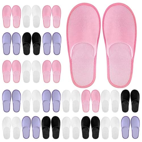 Geyoga 24 Pairs Disposable Slippers for Guests Bulk 2 Size Cotton Hotel Spa House Slippers for Graduation Wedding Party Shoeless Home Travel Individually Wrapped (White, Black, Pink, Purple, US Footwear Size System, Adult, Women, Alpha, Medium, Medium)