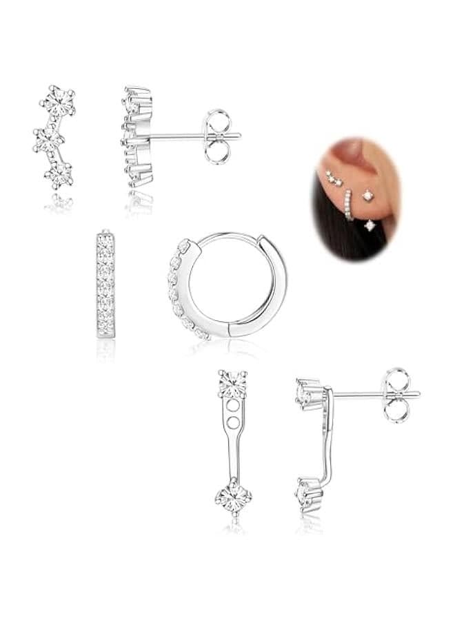 3 Pairs 925 Sterling Silver Hypoallergenic Earrings Set for Multiple Piercing Dainty 14K Gold Plated Stud Huggie Small Hoop Earrings for Women Trendy Cute Earring Stacks for Sensitive Ears