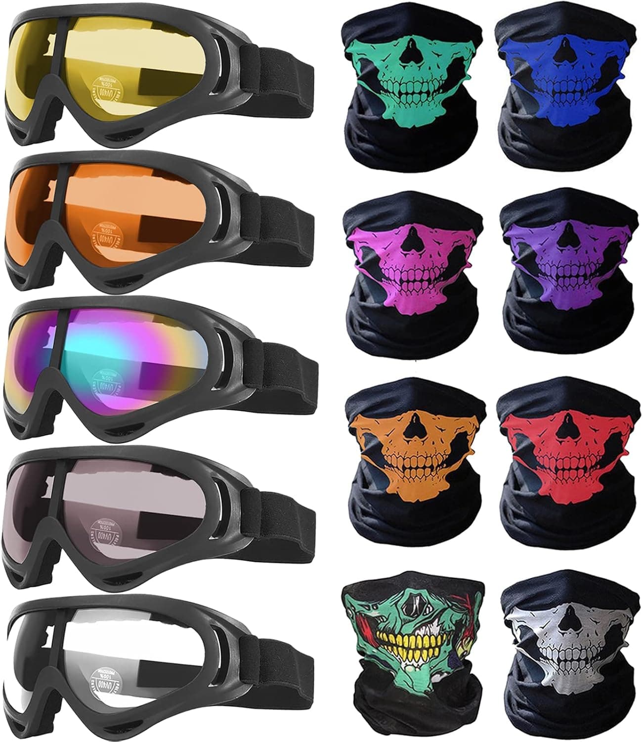 Peicees 13PCS Motorcycle Set - 5 Dirt Bike Ski Goggles with 8 Skull Face Masks