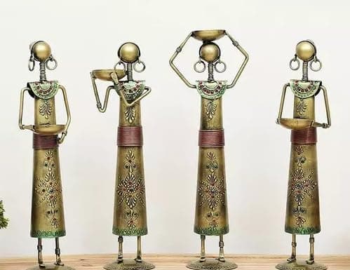 Vipron Metal Wrought Iron Tribal Lady showpieces Ladies Doll Figurine Statue Decorative Items Show Pieces for Home Decor Stylish Living Room Tea Light Stand Golden