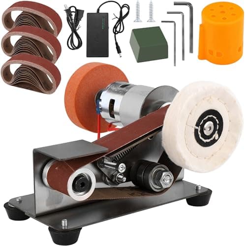 Mornajina Mini Belt Sander for Knife Making, 15 Degree Electric Power Bench Belt Sanders, 7 Adjustable Speed Knife Sharpener Knife Polishing Kit for DIY Metal Woodworking Knife Making