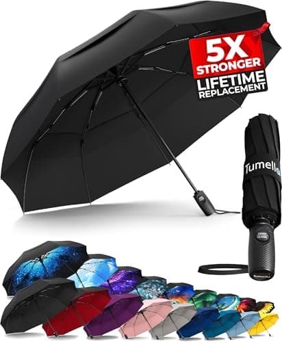 TUMELLA Strongest Windproof Travel Umbrella (Compact, Superior & Beautiful), Small Strong but Light Portable and Automatic Folding Rain Umbrella, Durable Premium Grip, Fits Car and Backpack