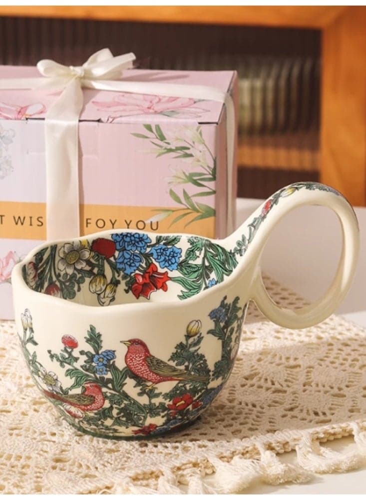 Vintage Ceramic Mug With Spoon, Home Breakfast Bowl, Afternoon Tea, Coffee Cup Morris White Bird+Gift Box Set