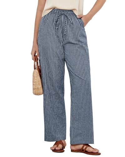 GRAPENT Plus Size Wide Leg Pants for Women Linen Wide Leg Pants for Women Linen S Blue Stripe Size X-Large US 16 to 18