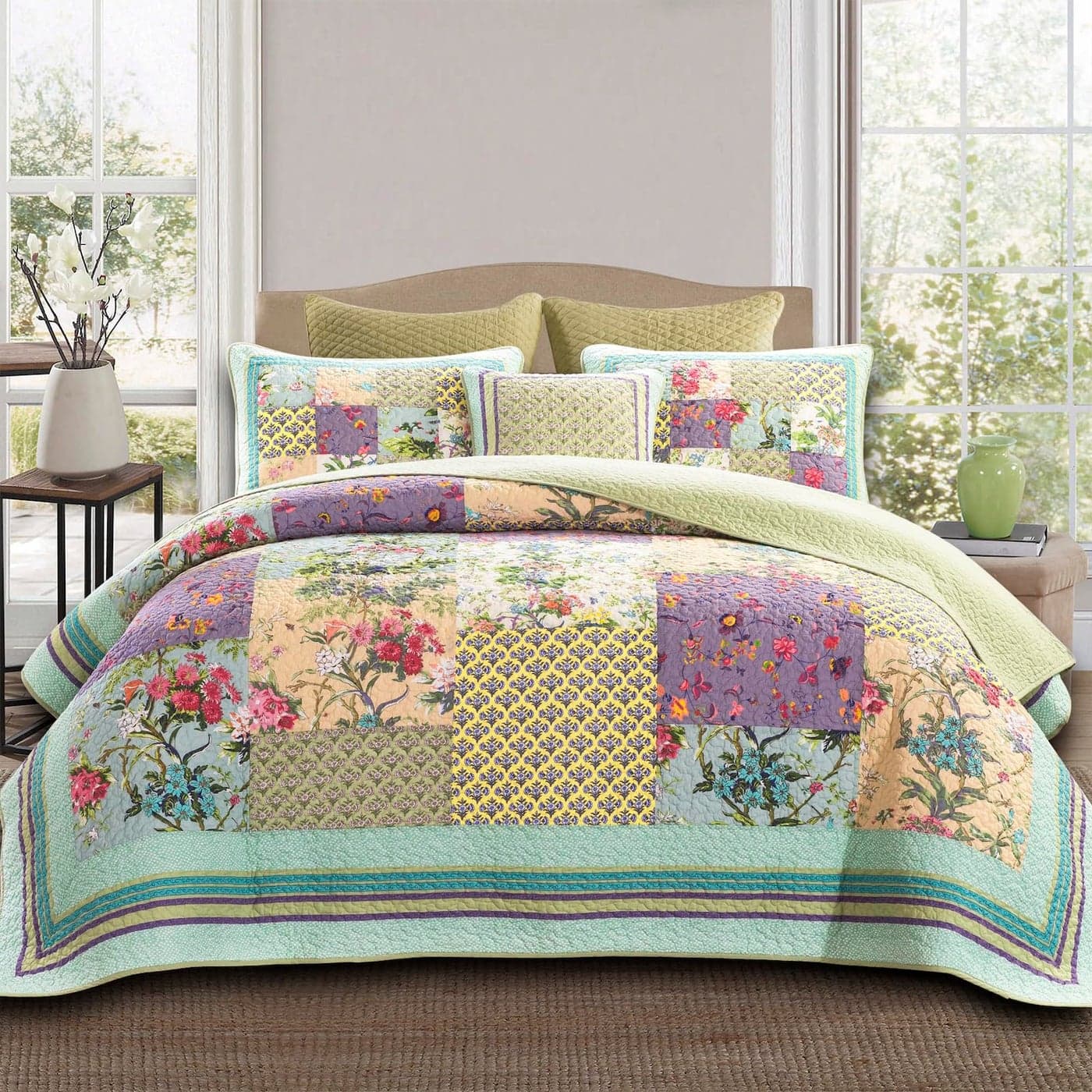 YAYIDAY Oversized Queen Quilt Set Patchwork Bedspreads 110x118 Inch 100 Cotton Reversible Breathable Colorful Floral Quilted Coverlet with Pillow Shams for All Seasons