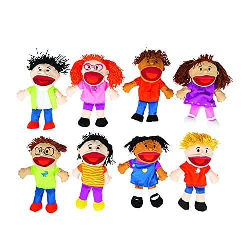 Fun Express Hand Puppets for Kids 8 Multicultural Plush Puppets with Movable Mouths for Speech Therapy Social Emotional Learning Dramatic Play 14 Inch Educational Toys for Classroom Home Use