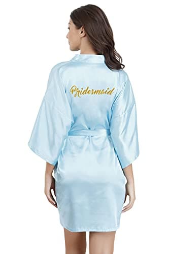 EPLAZA Bride Bridesmaid Robes for Wedding Bridal Party Women Short Solid Color Silky Satin Robe Kimono with Gold Glitters (Acid Blue, Brideamaid)
