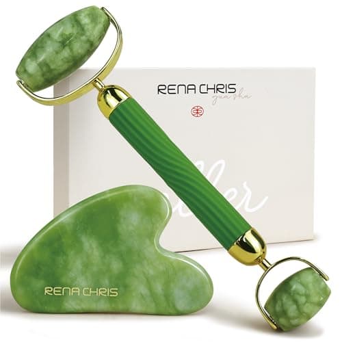 Rena Chris Gua Sha and Face Roller Set AntiBreakage Jade Roller for LongLasting Use Jawline Sculpting and Puffiness Reducing Gua Sha Facial Tools for Self Care Gift Green