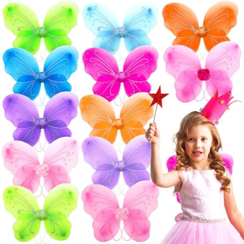 Noamus 12 Packs Butterfly Fairy Wings for Girls Sparkle Princess Wings Bulk for Kids Dress Up Glitter Costume Accessories for Christmas Theme Halloween Birthday Cosplay Party Favor12 Colors
