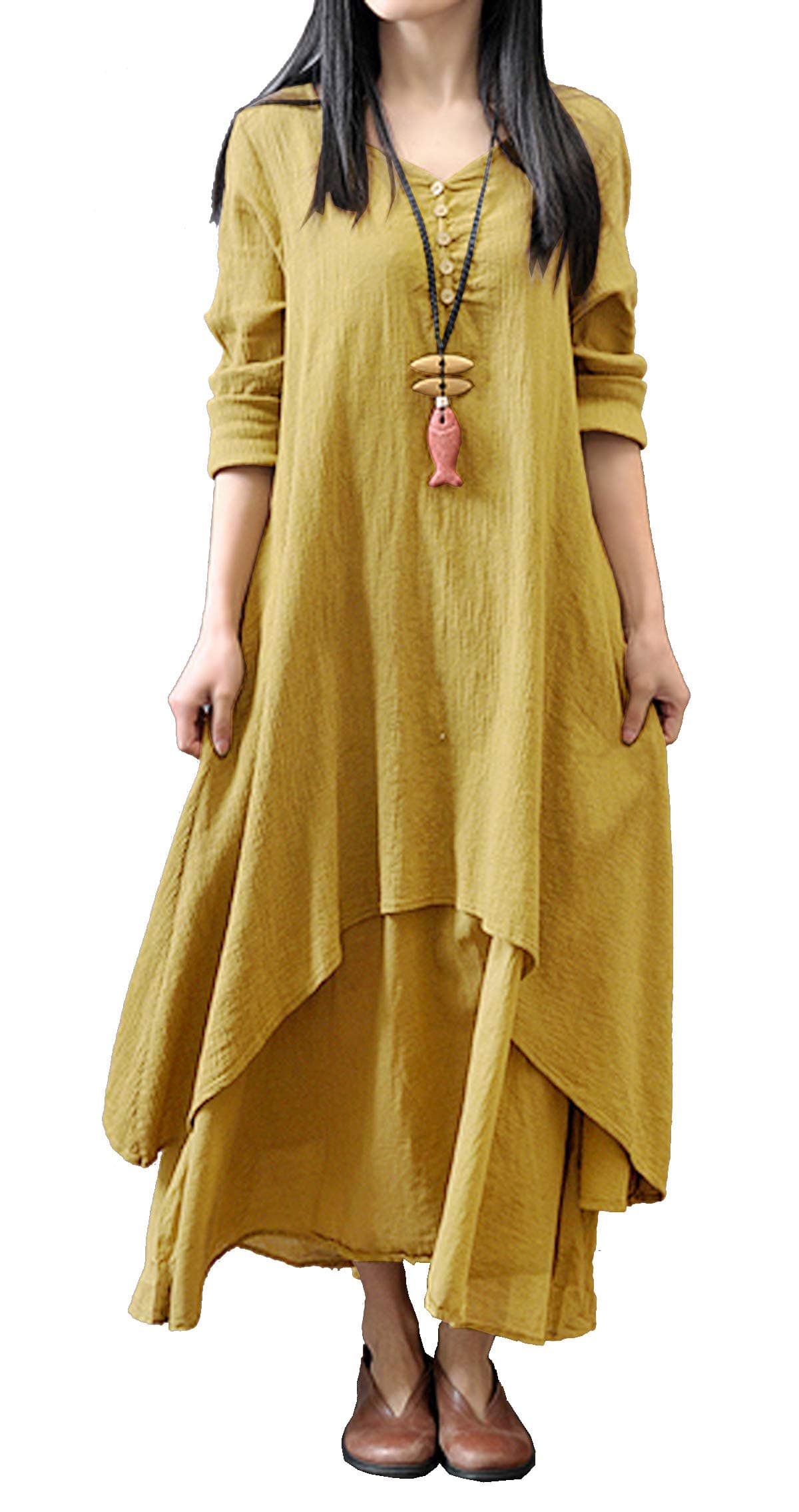 R.Vivimos Women Long Sleeve Cotton Casual Loose Plus Size Irregular Long Dresses (2XL, Yellow)