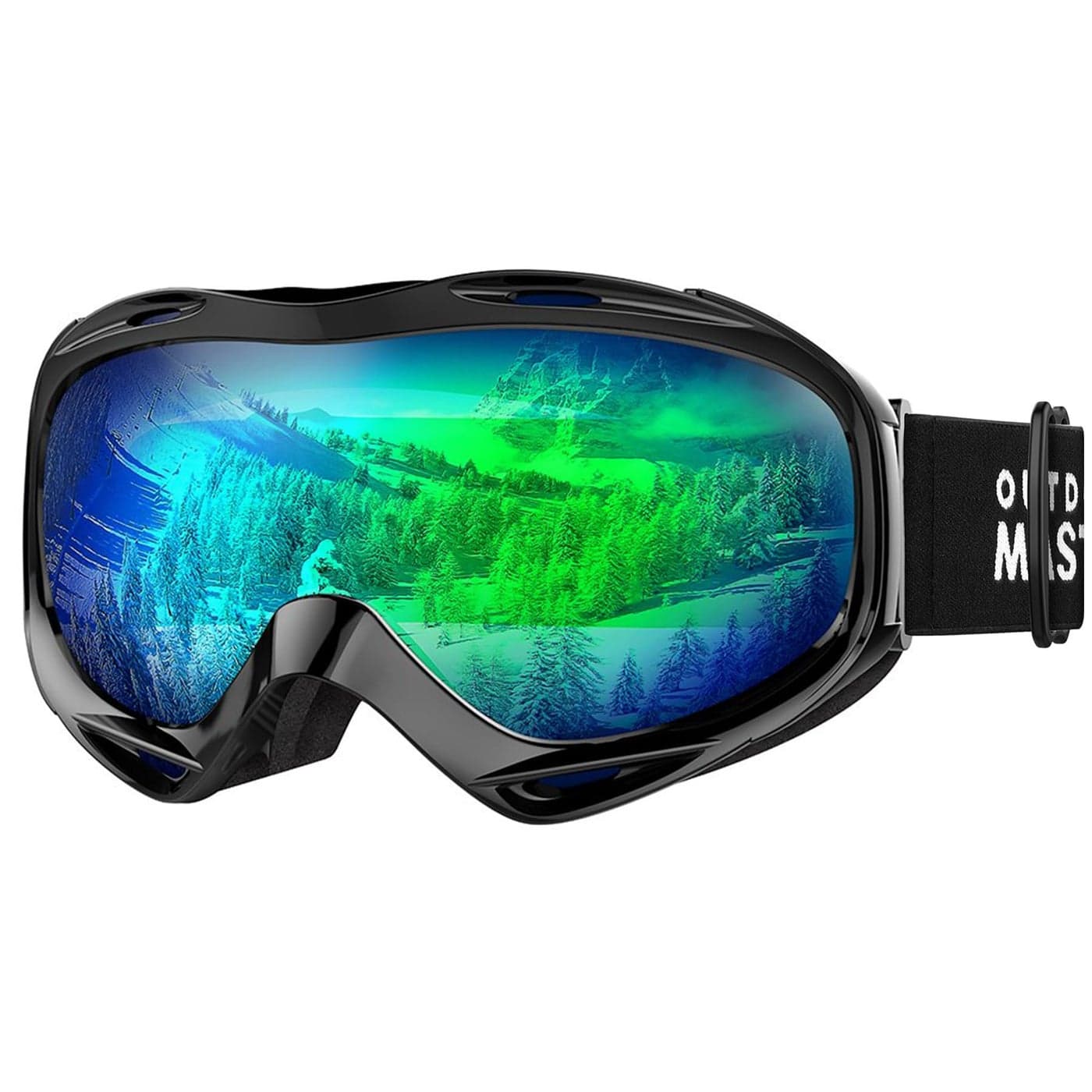 OutdoorMaster OTG Ski Goggles - Over Glasses Ski/Snowboard Goggles for Men, Women & Youth - 100% UV Protection (Black Frame + VLT 18% Grey Lens with Full REVO Green)