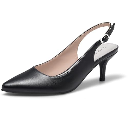 Greatonu Women's Black Kitten Heels Pointed Toe Slingback Leather Insole Casual Party Wedding Dress Pumps Shoes Size 9