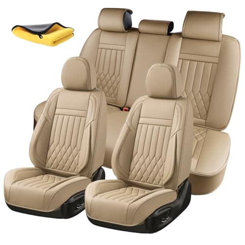 KEYOOG Universal 5-Seater Waterproof Breathable Nappa Leather Car Seat Covers Full Set, Fit for Front Rear Seats, Compatible with Hy-undai Sonata, To-yota Camry, Fo-rd F-150, Fit Most Sedans SUV Beige