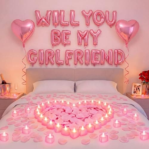 Seenelling Will You Be My Girlfriend Balloon Proposal Decor 24 LED Flameless Tealight Heart Candle 2000 Artificial Rose Petals Love Balloon for Engagement Wedding Decor Romantic Special NightPink